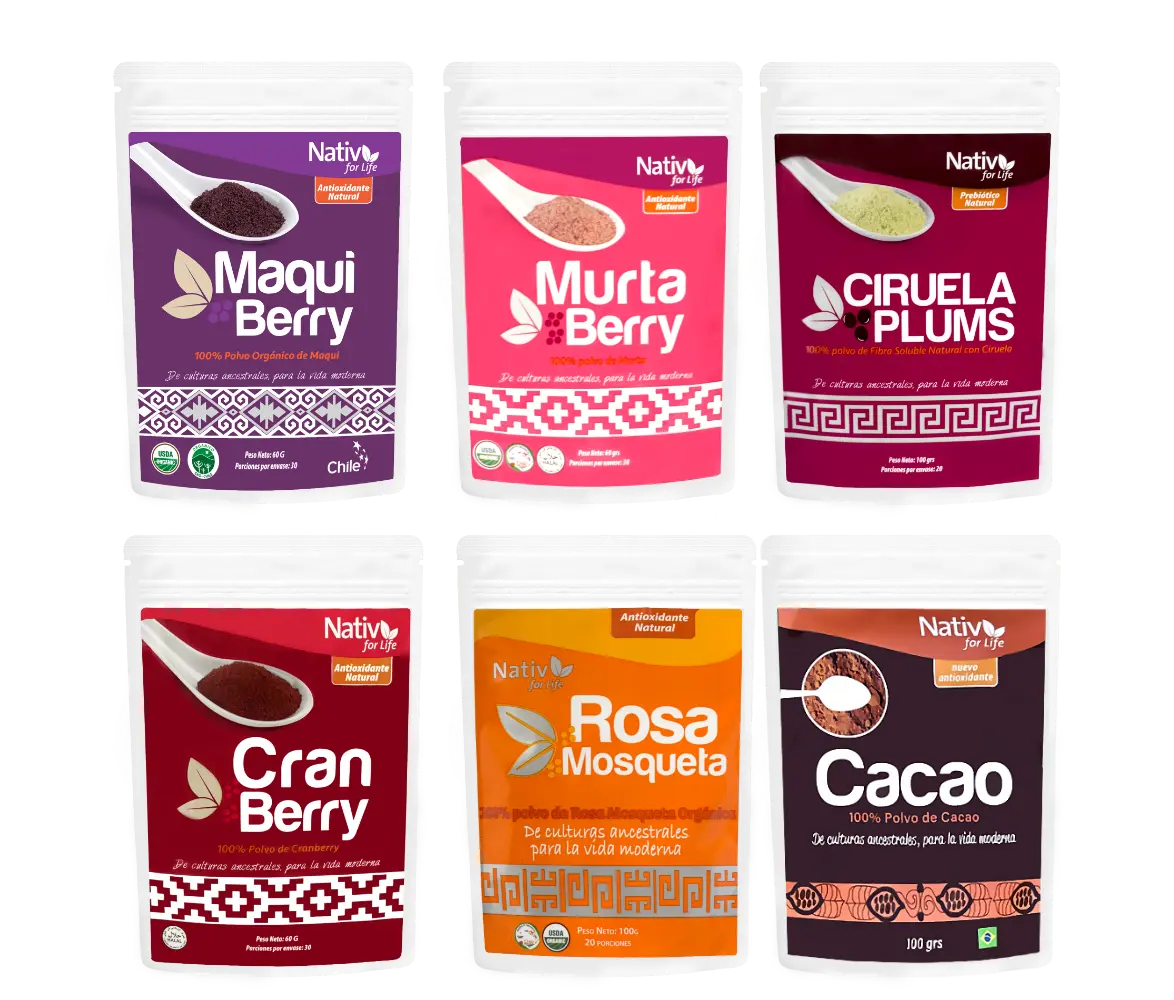 Maqui, Murta, Ciruela, Cranberry, Rosa Mosqueta, Cacao