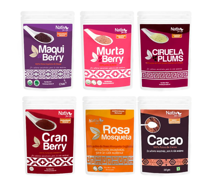 Maqui, Murta, Ciruela, Cranberry, Rosa Mosqueta, Cacao