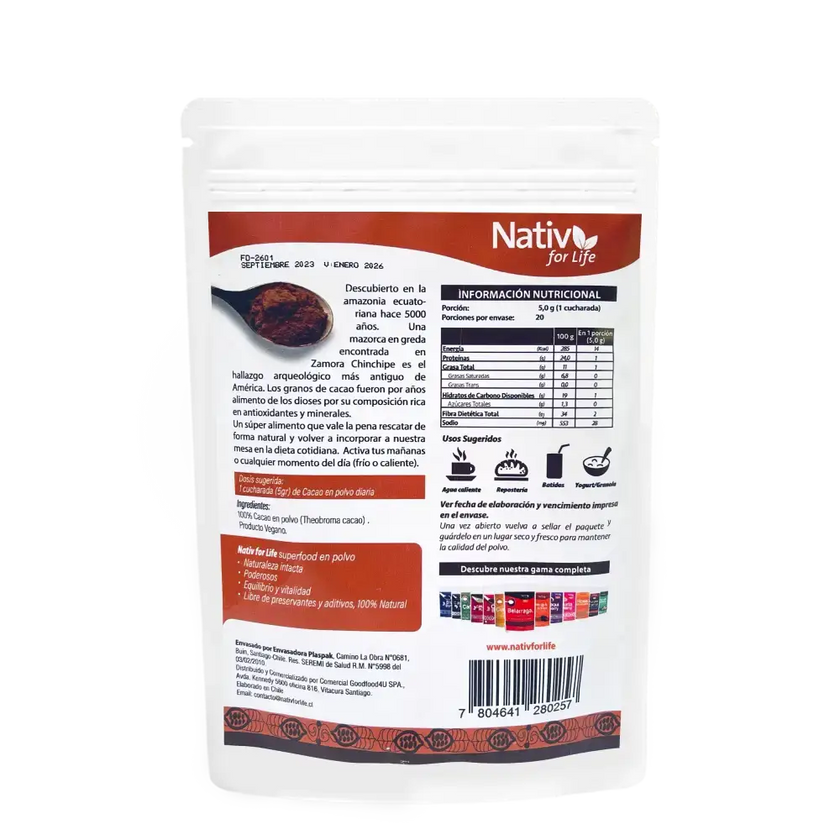Cacao 100% en polvo Nativ For Life