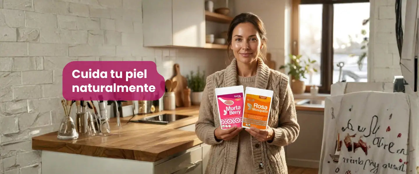 Mujer que sostiene dos productos de cuidado de la piel empaquetados en rosa y naranja