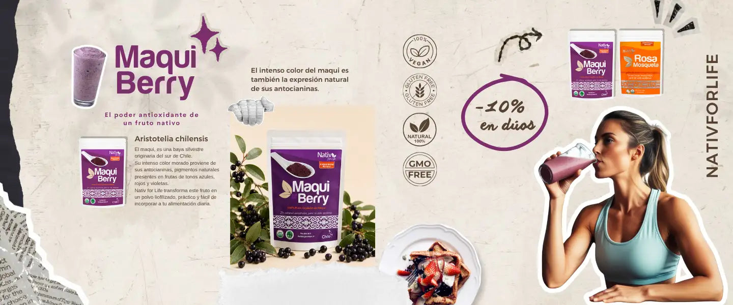 Polvo de baya maqui morada en un frasco blanco y morado con una etiqueta y un gráfico de una cuchara.