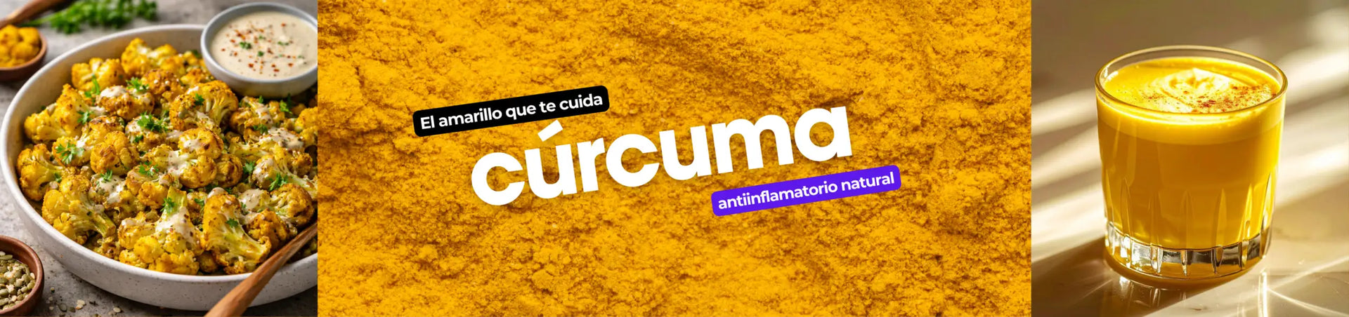 Polvo de cúrcuma amarillo brillante, exhibido en un montón vibrante y texturizado con imágenes culinarias acompañantes.