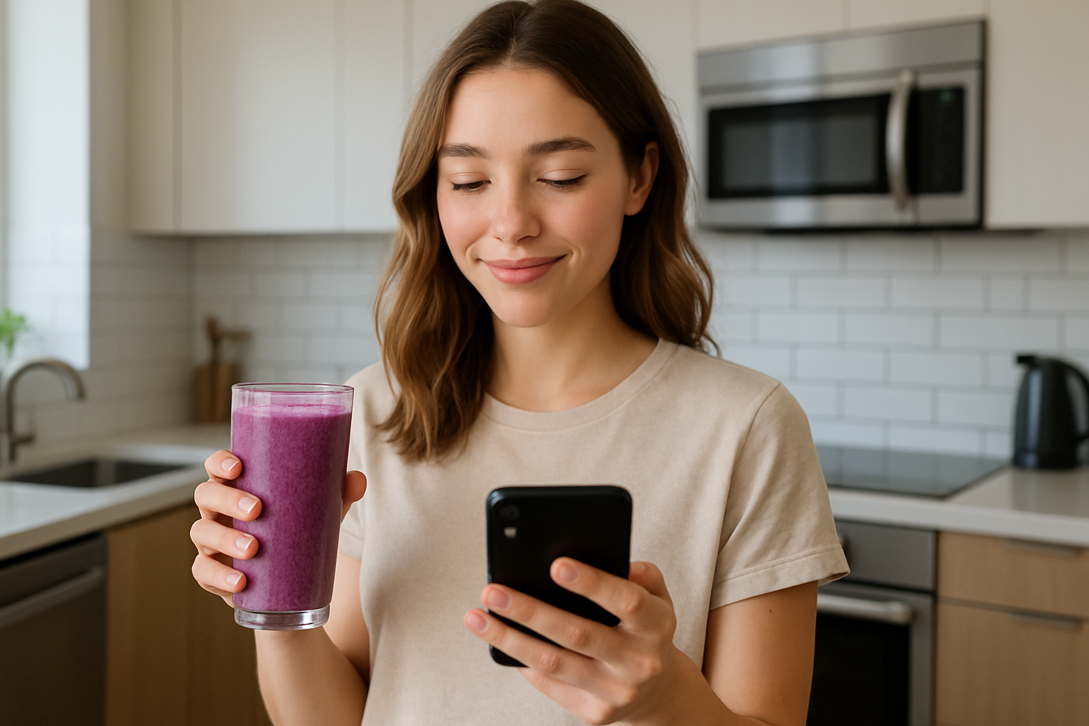 una mujer joven en la cocina con un batido morado en la mano, viendo su celular